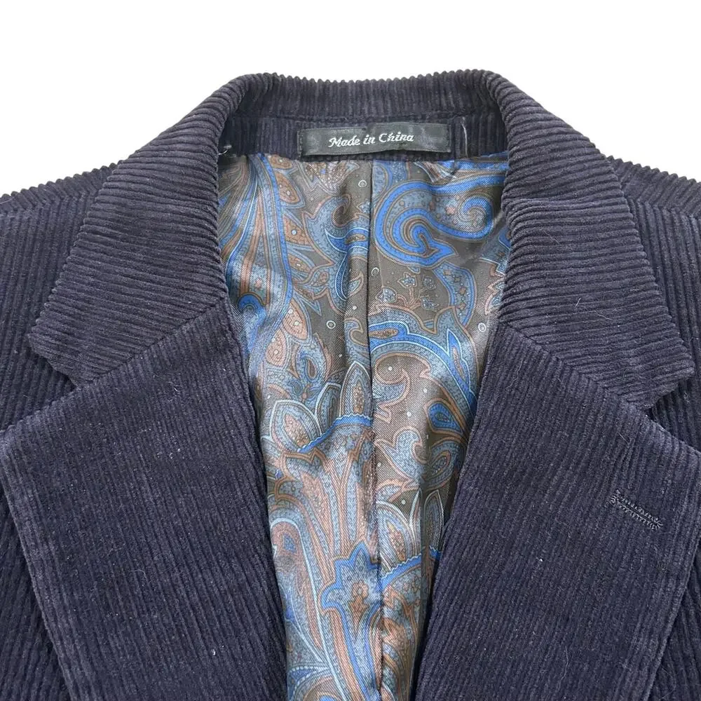 Lauren Ralph Lauren Corduroy Blazer 40R Navy Wide Wale Paisley Lined Sport Coat